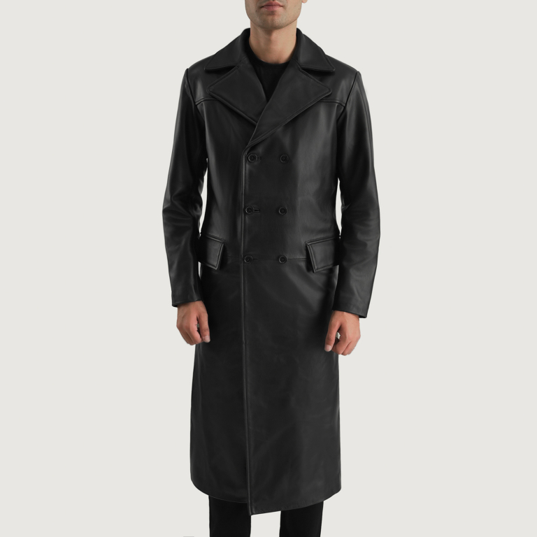 Mens Delmar Black Leather Double Breasted Coat Close Front-5-1700478962823